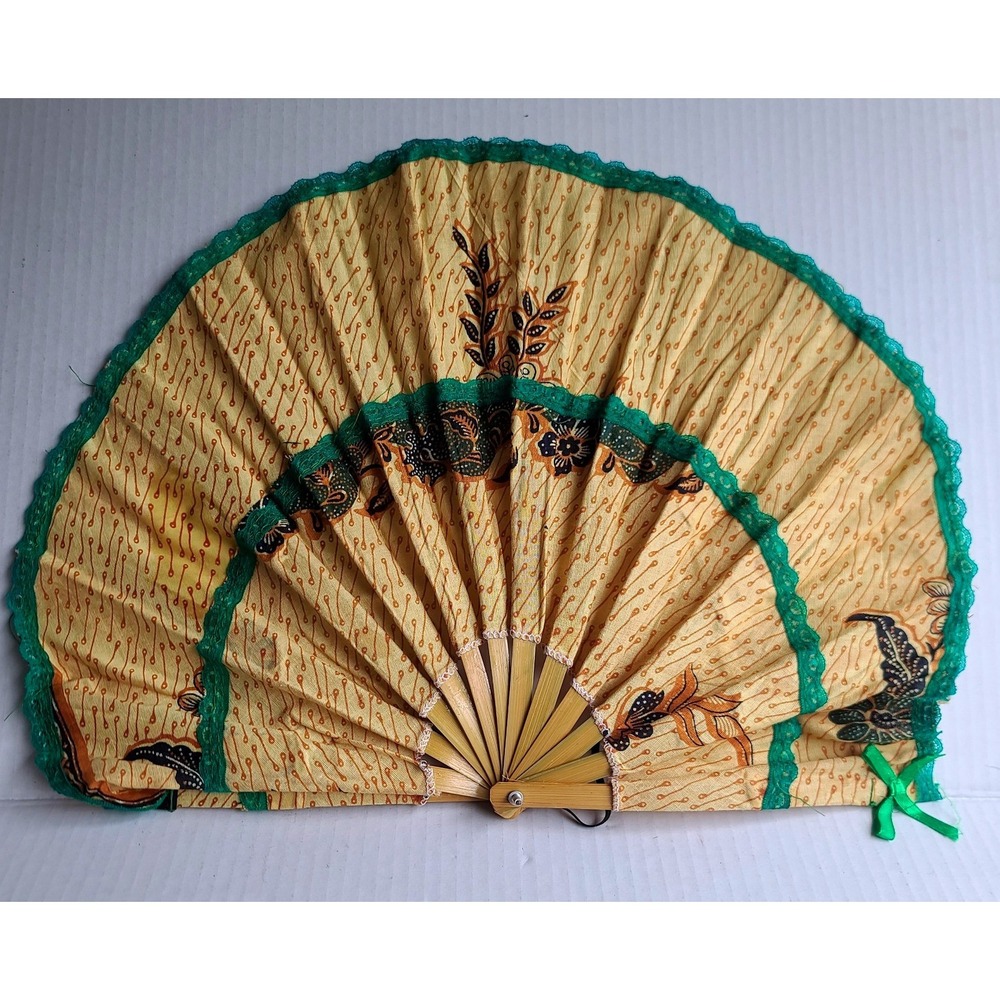 Vintage Batik Floral Cloth & Bamboo Folding Hand Fan Lace Trim Ribbon Strap Boho